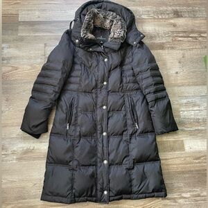London Fog Black Long Quilted Puffer Coat with Faux-Fur Hood